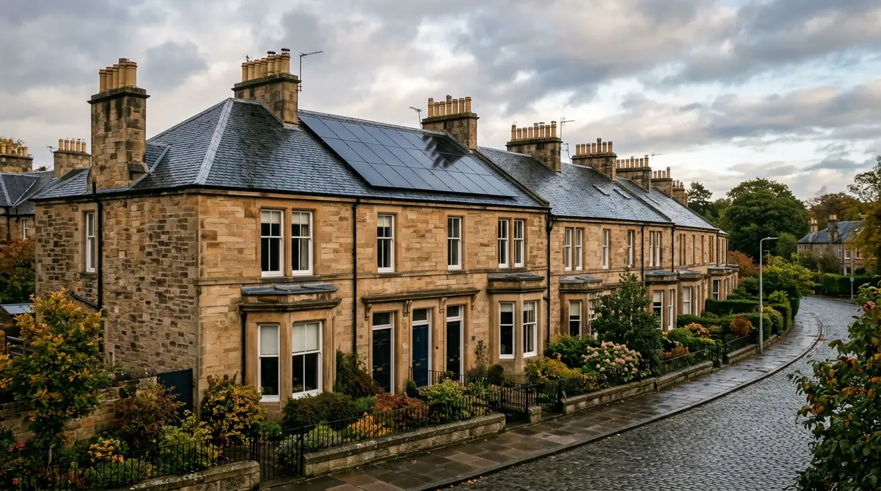 Sandstone terrace of Scottish homes with slate roofs and solar panels